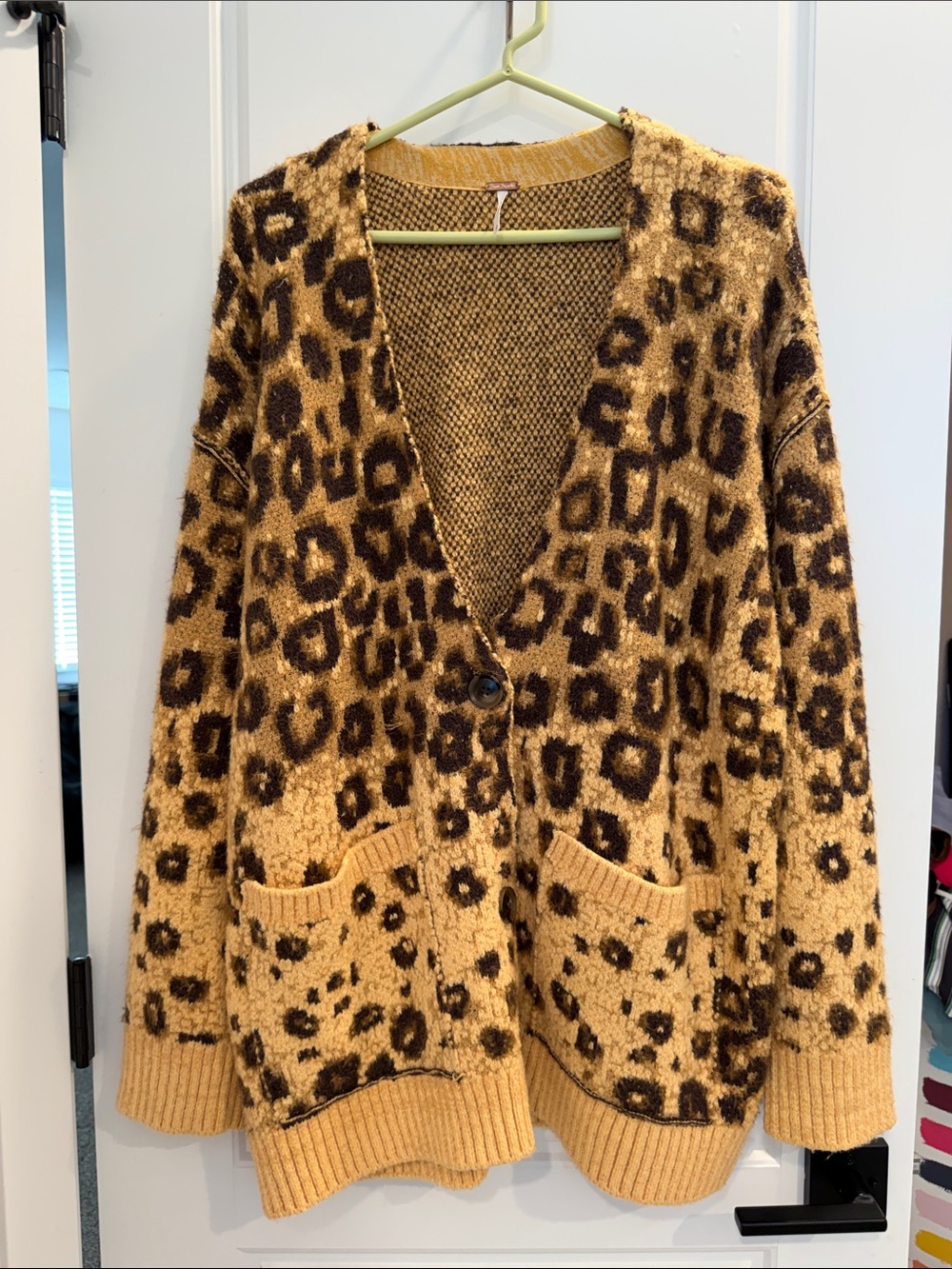 Free People Leopard-Print V-Neck Cardigan Sweater - Mustard and Brown
